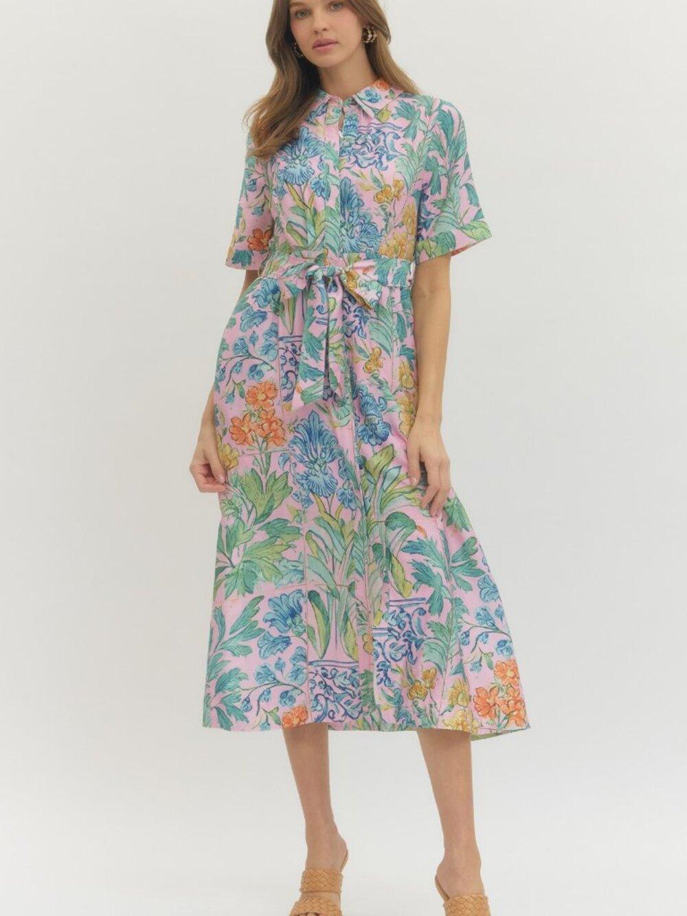 NWT Entro Pink Floral Puff Sleeve Midi Dress with Tie Waist - Picture 2 of 10